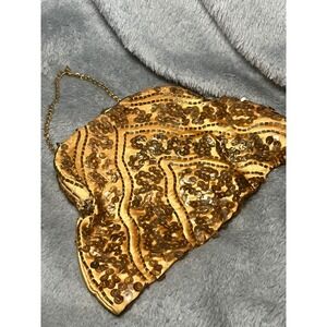 Vintage Gold Sequin Beaded Evening Clutch Purse Chain Strap Satin Art Deco